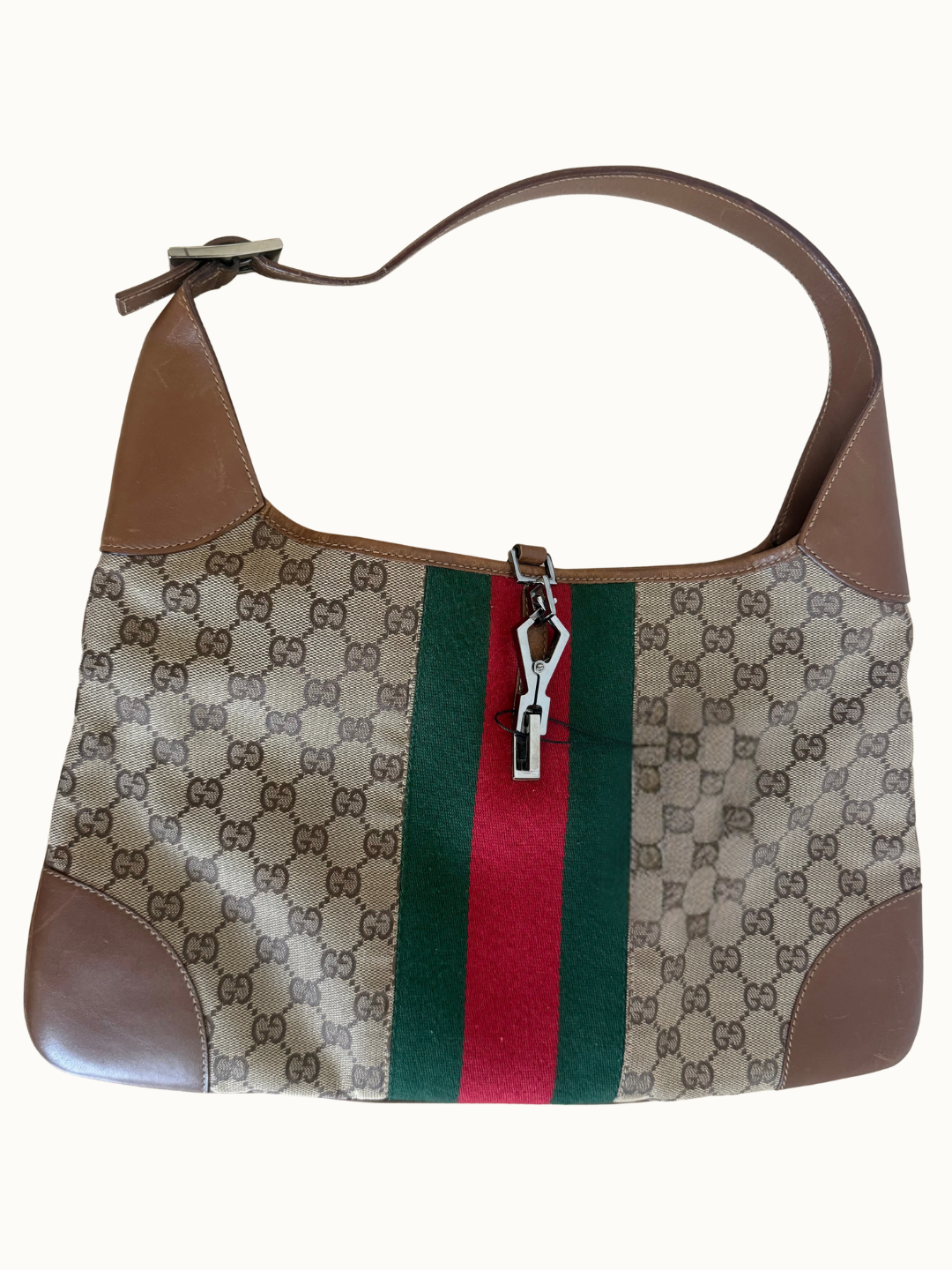 Gucci Jackie – GG Canvas with Green-Red Web & Brown Leather